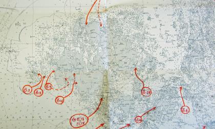 X-operationen, april 1944: karta över inseglingsrutterna till ”Avsedda landstigningsplatser” på Åland (hamnar och kustfort) som skall intas och säkras i början av operationen. Original i Riksarkivet, Stockholm/Arninge, refoto: K. Gustavsson.