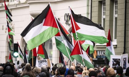 Palestinska flaggor under en propalestinsk demonstration i Malmö. De kommer inte att få tas med in i arenan under Eurovision Song Contest. Arkivbild.