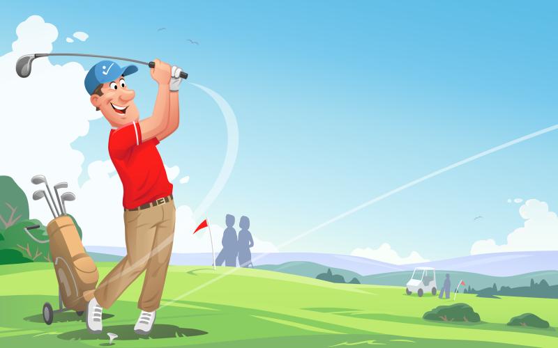 A young man with a blue cap playing golf on a beautiful golf course. In the background are trees, bushes, hills, other golfers, a golf cart and a blue cloudy sky. Vector illustration with space for text.