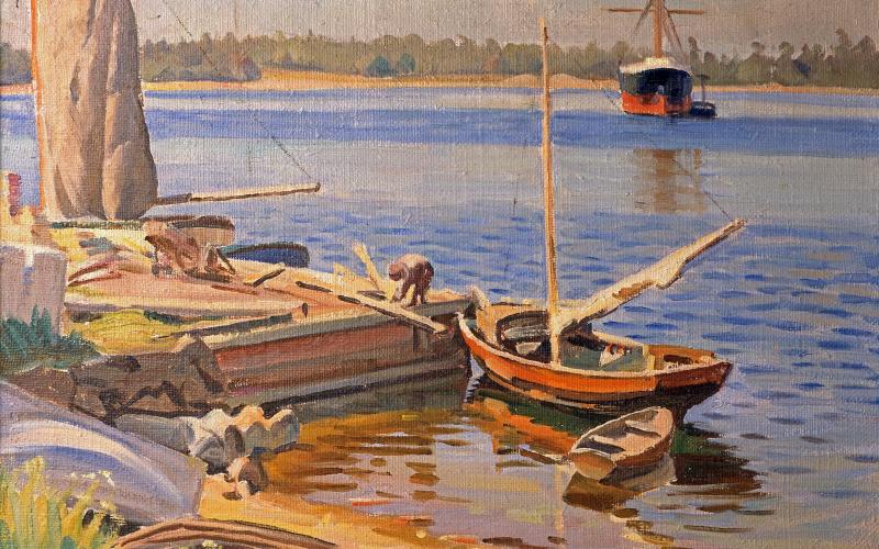 Hamnbild från Mariehamn målad av Ali Munsterhjelm, troligen sommaren 1930. Privat ägo.