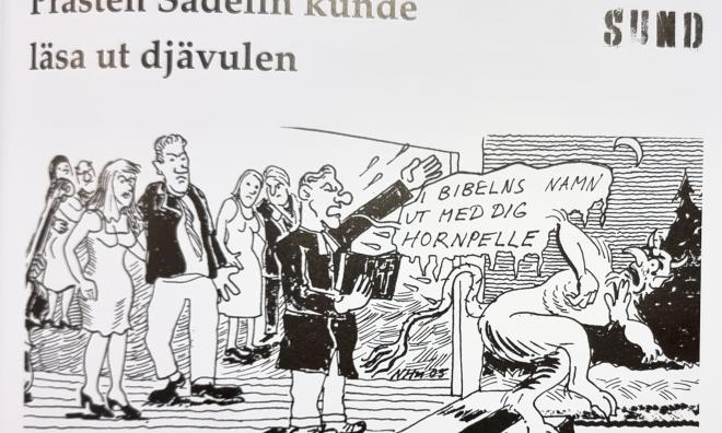 Berättelserna är illustrerade av Nils Huldén, som här historien om den kraftfulle prästen Sandelin som fördrev den danssugne djävulen från balen i Bomarsund.