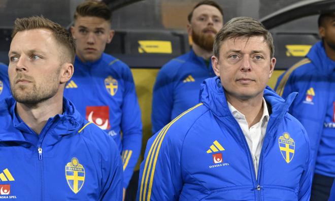 Sebastian Larsson och Jon Dahl Tomasson i samabnd med landskampen mot Albanien i mars.