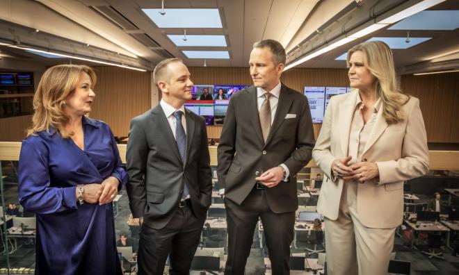 Anna Hedenmo, David Boati, Anders Holmberg och Camilla Kvartoft leder program i SVT inför EU-valet. Pressfoto.