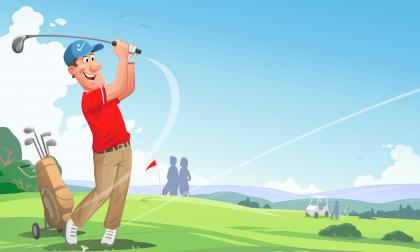 A young man with a blue cap playing golf on a beautiful golf course. In the background are trees, bushes, hills, other golfers, a golf cart and a blue cloudy sky. Vector illustration with space for text.