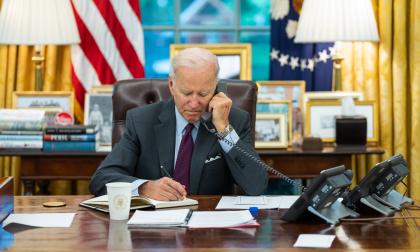 President Joe Biden talks on the phone with Ukrainian President Volodymyr Zelenskyy, Tuesday, October 4, 2022, in the Oval Office. (Official White House Photo by Adam Schultz)
