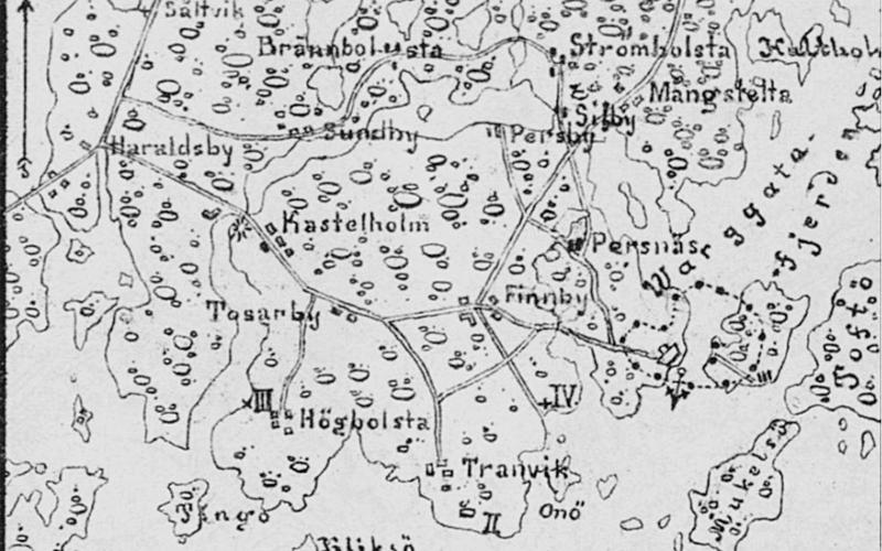 Enkel kartskiss där de fyra landstigningsplatserna finns med. Ur Finsk militär tidskrift från 1884.