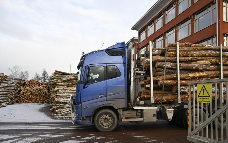 En lastbil med avverkad skog är och vänder och lossar till Klintkajen flera gånger om dagen.