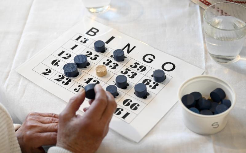 Aneli Tikkanen har brickan nästan full av markeringar det är bara ett nummer som fattas för bingo.