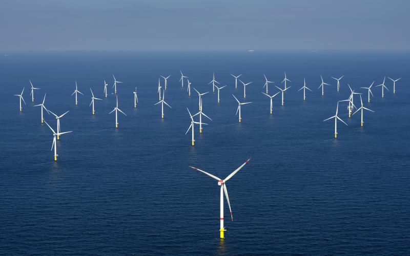 This photo was taken on April 12, 2019 above the Rentel wind farm on the Belgian North Sea *** Local Caption *** @Bildtext:OX2 och Ålandsbankens fondbolag planerar nu etablering av havsbaserad vindkraft även i Ålands norra havsområden.<@Foto>Foto: iStock