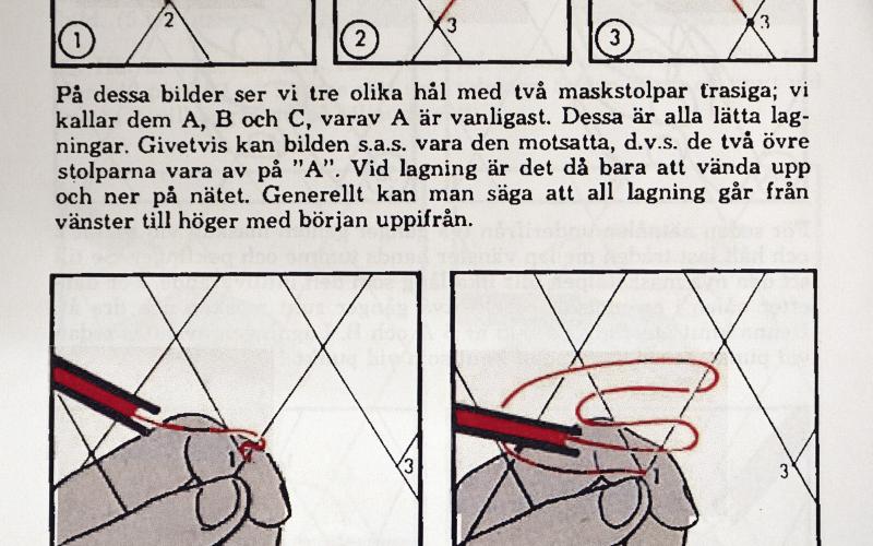 Instruktioner om hur man gör knut när man lappar nät.