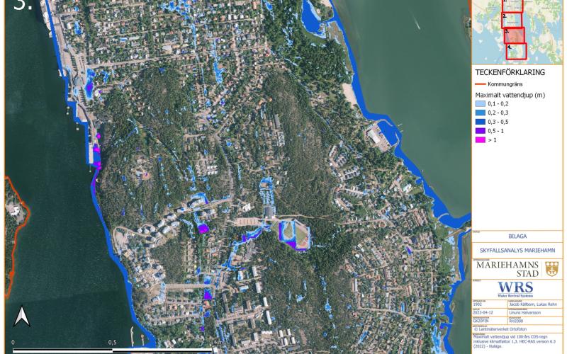 Kartorna visar de maximala vattendjupen vid ett så kallat 100-årsregn, vilket är det mindre extrema av två scenarier som staden låtit utreda. I de ljusaste blå områdena är det maximala vattendjupet 0,1–0,2 meter. I de rosa områdena är det maximala vattendjupet en meter eller mer.