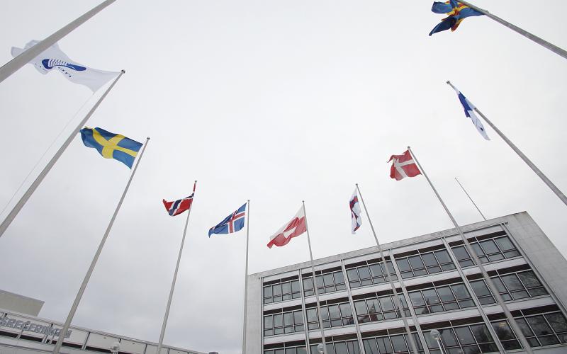 Under 2022 har man samarbetat kring havsbaserad vindkraft och transporter inom Nordiska rådet, enligt verksamhetsberättelsen, som presenterades för Ålands lagting i förra veckan. På bilden syns alla nordiska flaggor. 
