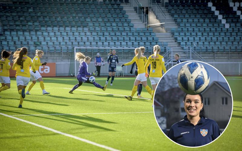 Åland United- KuPS, Selma Viktorssons skott går via KuPS-försvarare in i mål.