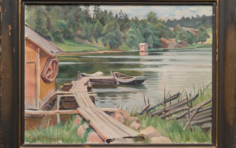 Målning med båthus och brygga av Ali Munsterhjelm, troligen målad i Kvarnbo, Saltvik, sommaren 1930. Privat ägo.