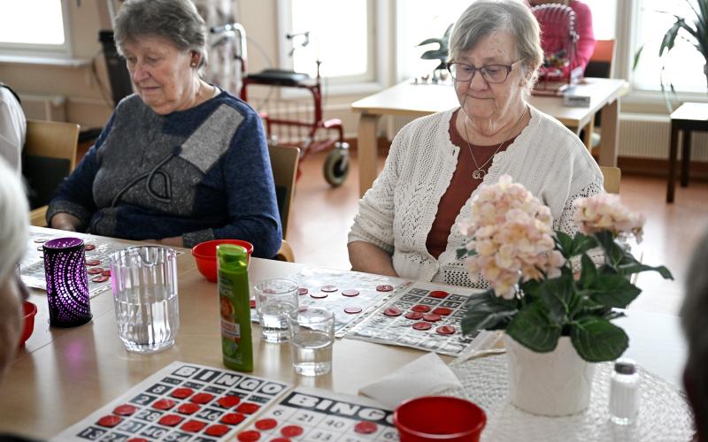 Doris Karlsson och Jane Larsson koncentrerar sig på bingokupongen.