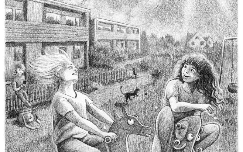 Den nya boken ”Vi rymmer till Draken” är illustrerad av åländska Amanda Chanfreau som helt i svartvitt försöker fånga en junikvälls speciella ljus och stämning.