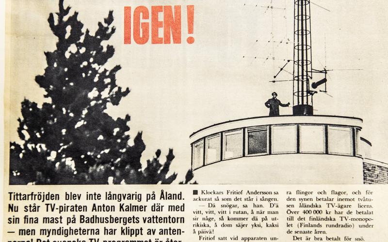 Tidningsartikel från 1964 efter Anton Kalmers tilltag med en piratsändare på vattentornet i Mariehamn. 