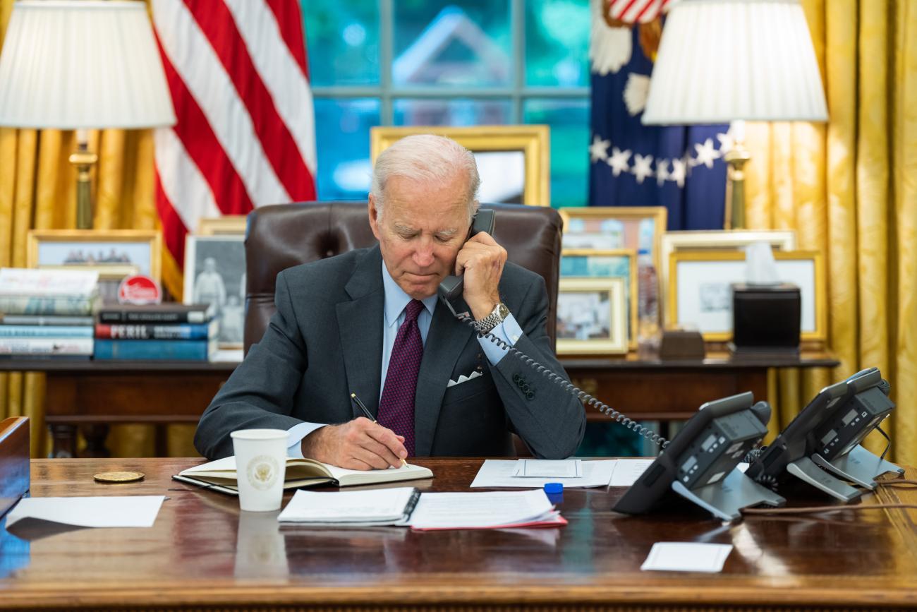 President Joe Biden talks on the phone with Ukrainian President Volodymyr Zelenskyy, Tuesday, October 4, 2022, in the Oval Office. (Official White House Photo by Adam Schultz)