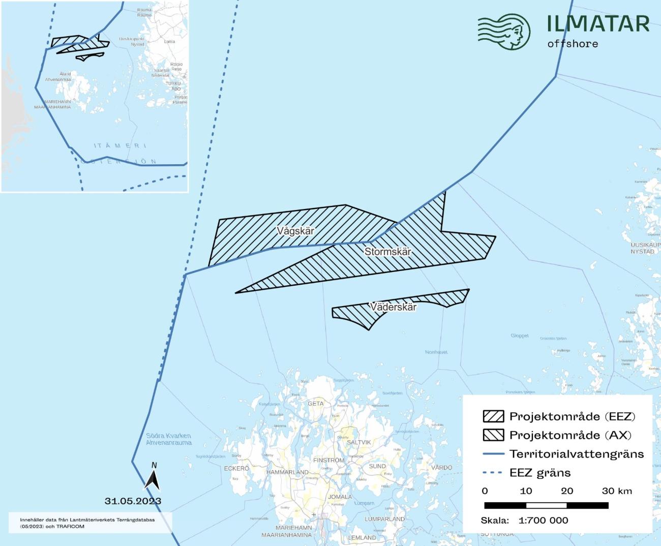 Nyligen meddelade Ilmatar att Finlands statsråd har beviljat undersökningstillstånd för ett nytt vindkraftområde. Man kallar området Vågskär, och det ligger utanför gränsen för åländskt territorialvatten. 
Bilden kommer från företagets pressinformation. 